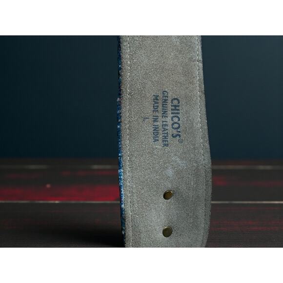 Chico’s Leather Woven Boho Belt Large Brass Buckle Colorful Wide 50” L - Picture 4 of 5